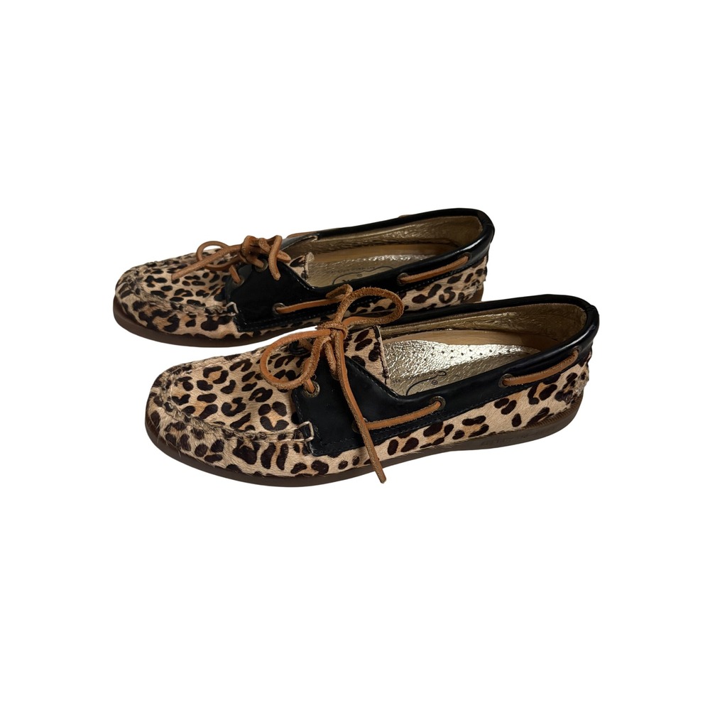 Sperry Top-Sider Leopard Calf Hair Boat Shoes Black Patent Trim 9302027 Womens 8